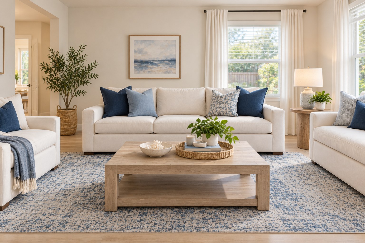 Photo-style clean living room with white sofas, blue cushions and standard residential windows